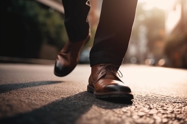 Zakenman lopen op de weg en beginnen aan succes close-up schoenen lopen doel concept Generatieve Ai