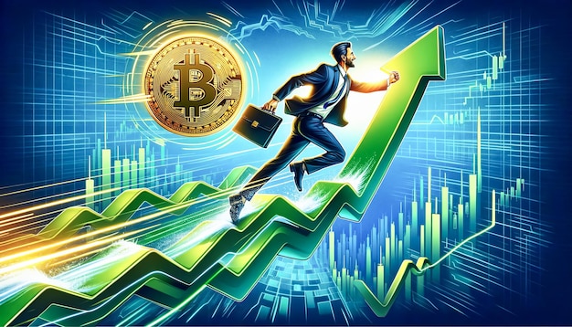 zakenman lopen op groene pijl stijgen op met Bitcoin symbool cryptocurrency concept