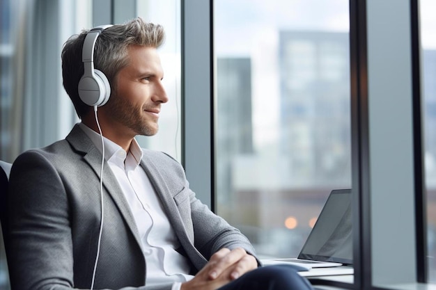 zakenman luistert naar muziek met draadloze koptelefoon op het bureau bij het raam in het kantoor