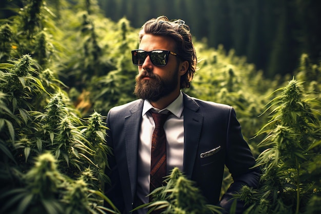 zakenman man in een plantageveld met marihuana-cannabisstruiken