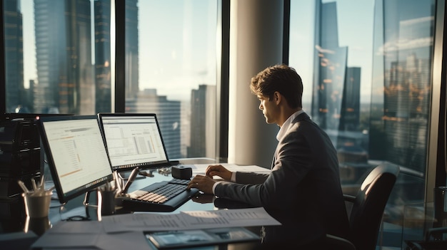 Zakenman met behulp van een digitaal labtop analyseert marketing financiële gegevens investeringsdoelen bedrijfsplan