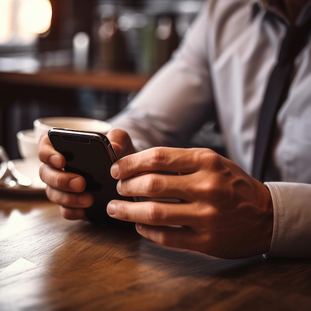 Zakenman met behulp van online bankieren applicatie op zijn mobiele telefoon koffie drinken Generatieve AI