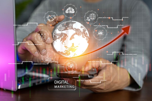 Zakenman met behulp van slimme mobiele telefoon wereldwijde internet verbindingstechnologie en digitale marketing financiën en bankieren digitale link technologie big data Oplossingsanalyse en inhoudsontwikkeling