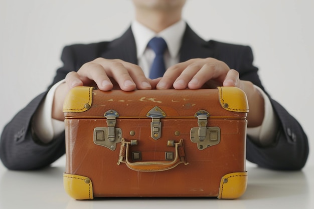 Foto zakenman met koffer model reisverzekering symbool bokeh stijl achtergrond