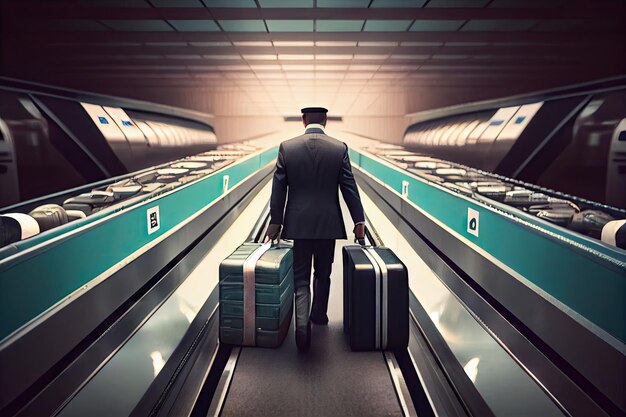 Zakenman met koffers voor reizen op transportband op de luchthaven