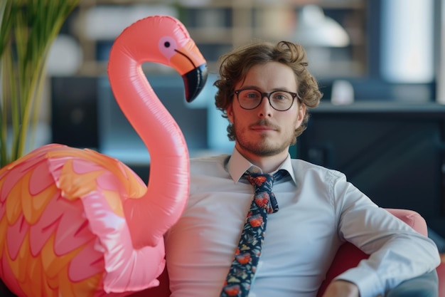 Zakenman met opblaasbare flamingo in modern kantoor