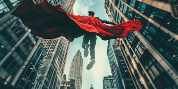 Foto zakenman met superheld cape vliegend te midden van stedelijke wolkenkrabbers in een dynamisch beeld