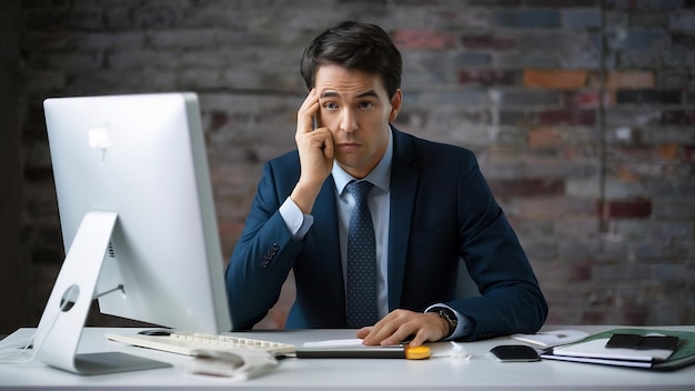 Zakenman met verdachte blik zit aan het bureau voor de computer