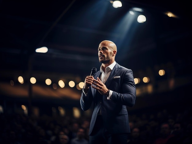 Zakenman motiverende spreker op zakelijke conferentie over hoe je een leider kunt zijn