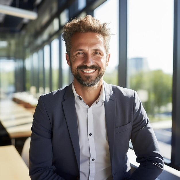 Foto zakenman op kantoor glimlacht naar de camera