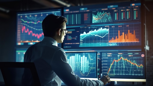 Zakenman programmeur kijkt naar grafieken statistiek formules Generatieve AI