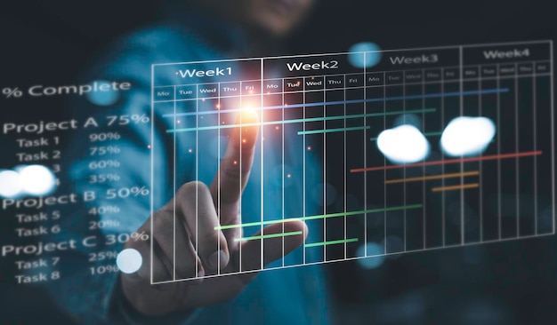 Zakenman raakt aan zakelijk schemaplan om werktaken bij te werken met mijlpaal op virtueel scherm Grantt-diagram planningsdiagram Projectmanagementconcept