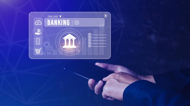 Zakenman raakt online bankieren en netwerkverbindingspictogrammen aan op slimme telefoon online betalingspictogrammen op virtueel scherm Internet Online Banking Pay Concept