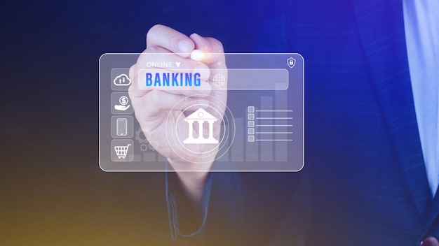 Zakenman raakt online bankieren en netwerkverbindingspictogrammen online betalingspictogrammen op virtueel scherm Internet Online Banking Pay Concept