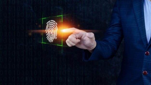 Zakenman scant vingerafdruk Biometrische identiteit en autorisatie futuristisch concept van wachtwoordbeveiliging en controle via vingerafdruk in toekomstige Lmmersive en cybernetische technologie