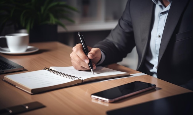 Zakenman schrijft in zijn notitieboek zoomweergave met telefoon op de tafel zakelijk concept