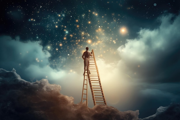 Zakenman staande op de ladder en kijken naar sterren aan de hemel Gemengde media Kies de juiste ladder om het doel te bereiken AI gegenereerd