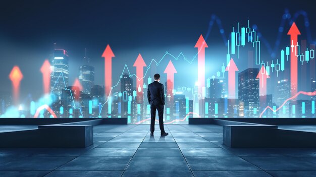 Zakenman staande op het dak stadsgezicht en forex beurs hologram dubbele belichting Groeiende pijlen en kandelaars dynamiek Concept van financiële analyse en geldhandel