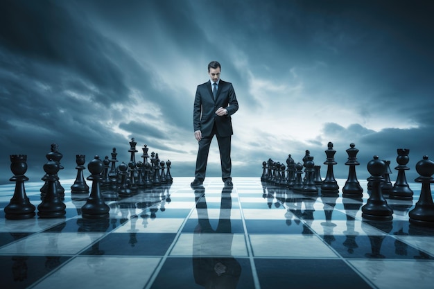 Zakenman staat voor schaakbord en denkt na over strategie concurrentievoordeel strategisch marketingconcept AI gegenereerd