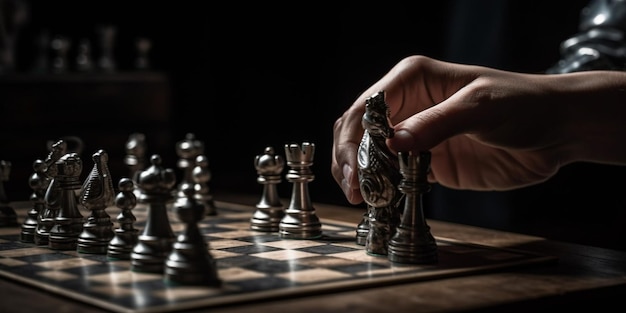 Zakenman strategie brainstorm schaakbordspel met handaanraking zwarte achtergrond
