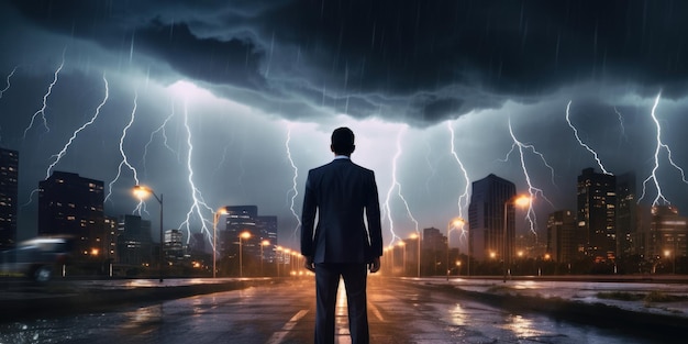 Zakenman vastbesloten om elke uitdaging aan te gaan Cityscape Thunder Storm Achtergrond Generatieve Ai