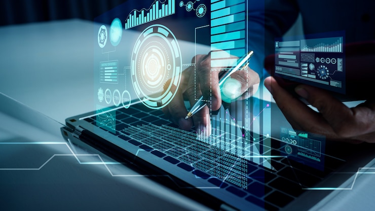 Foto zakenman werkt met vr financiële kunstmatige intelligentie ai cloud computing en big data futuristische robotassistent en digitale datavisualisatie.