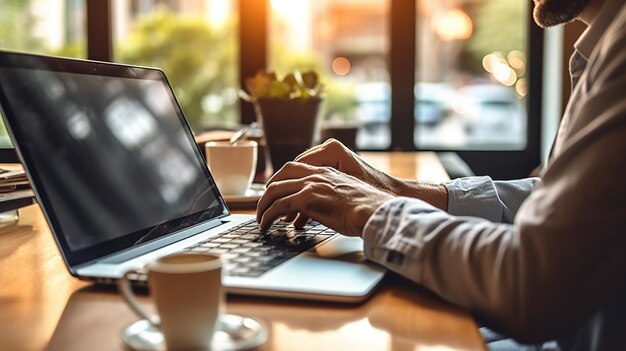 Zakenman zit aan tafel in café en analyseert indicatoren op laptop Generatieve AI