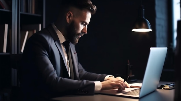 Zakenman zittend op zijn laptop op kantoor op het werk Gegenereerde AI