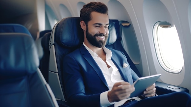 Zakenmanpassagier zittend op een stoel in het vliegtuig die online werkt tijdens het reizen met tablet