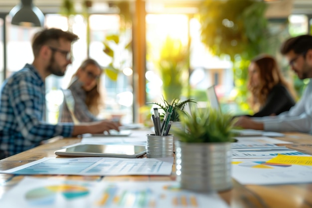 Foto zakenmensen in discussie aan de tafel in het moderne kantoor voor brainstorming en planning vervaagd