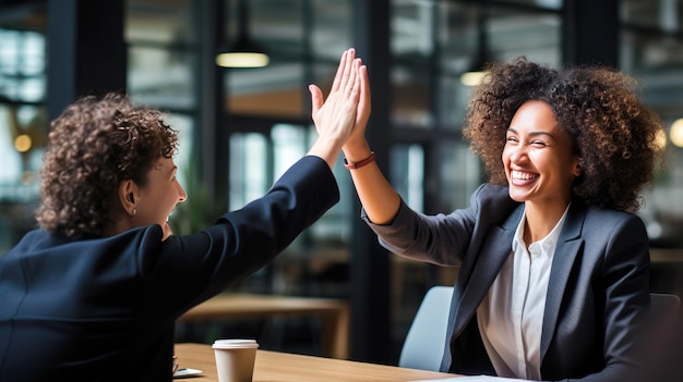 Zakenvrouw die een high five geeft aan een collega tijdens een vergadering