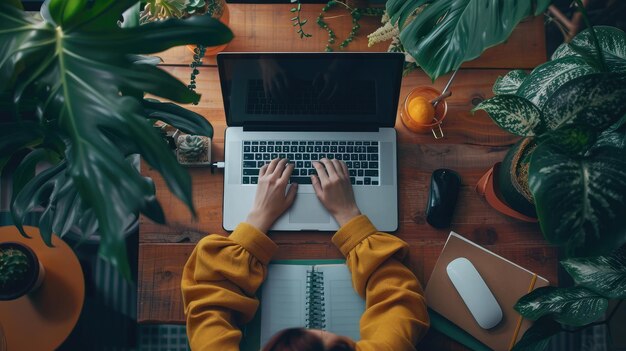 Foto zakenvrouw die op de werkplek op een laptop tikt vrouw die thuis op kantoor werkt met een hand toetsenbord