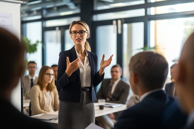 Zakenvrouw die presentatie geeft aan collega's in de vergaderruimte