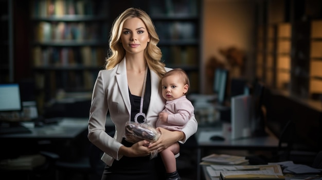 Zakenvrouw en moeder houdt haar baby in haar armen op haar kantoorwerk Het concept van moeder en werk-leven balans gecreëerd met Generative AI technologie