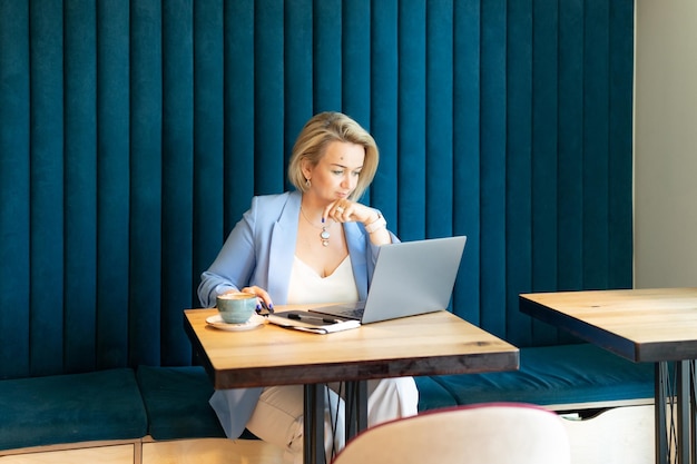 Zakenvrouw gezicht mooie blanke jonge of volwassen professionele carrière vrouw baas in pak werken op laptop moderne vrouwelijke ondernemer werken in restaurant en café klein bedrijf