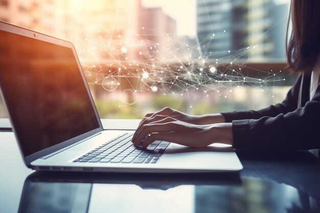 Foto zakenvrouw hand werkt met laptop computer vrouw werkt op modern kantoor