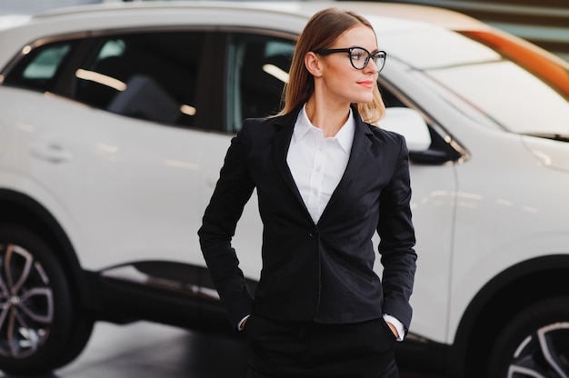 Zakenvrouw in auto salon concept van vrouwelijke bestuurder