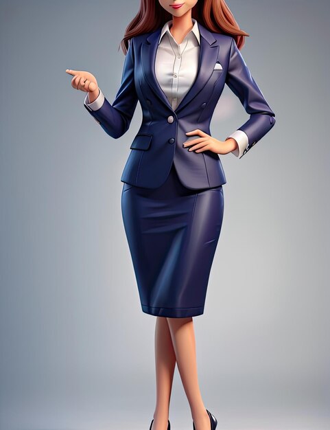Zakenvrouw in blauw pak op een grijze achtergrond 3D-weergave