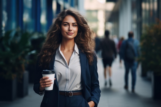 zakenvrouw in de buurt van een zakencentrum met een glas koffie in haar handen