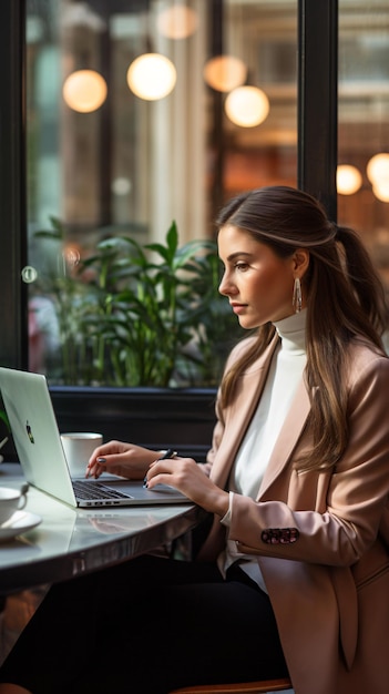 Zakenvrouw in formele kleding die werkt in een café met grote glazen raam-copyspace voor branding