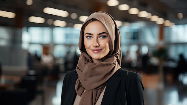 zakenvrouw in hijab in het raam met haar handen in de stijl van innovatieve technieken