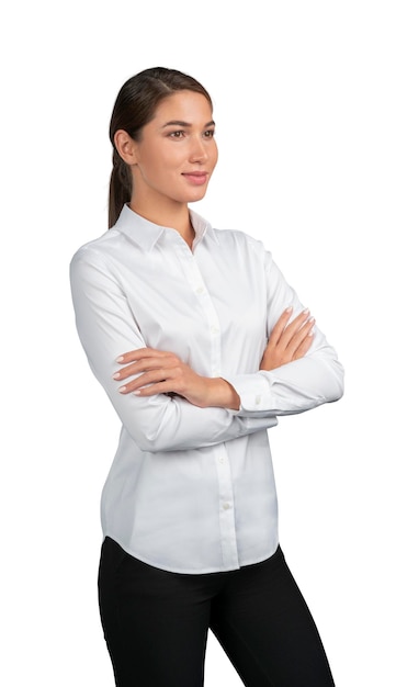 Zakenvrouw in wit overhemd armen gekruist geïsoleerd op witte achtergrond