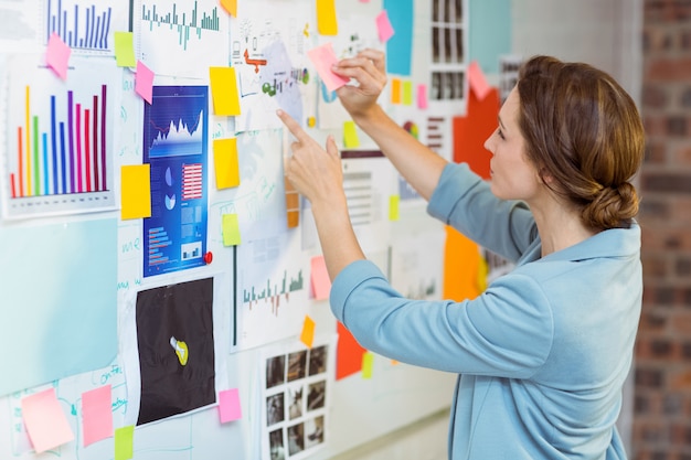 Zakenvrouw kleverige nota's zetten op whiteboard