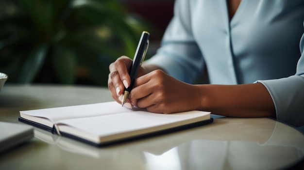 Zakenvrouw maakt aantekeningen in notitieboekje