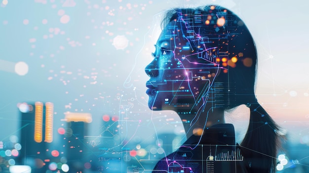 Zakenvrouw met dubbele blootstelling kunstmatige intelligentie netwerk iconen technologie