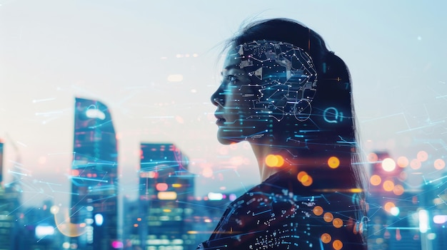 Zakenvrouw met dubbele blootstelling kunstmatige intelligentie netwerk iconen technologie