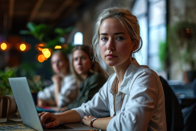 Zakenvrouw met een laptop omringd door een teamfoto van een zakelijke vergadering