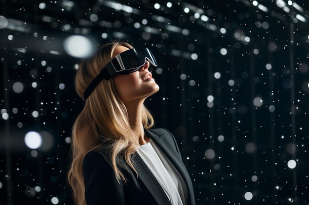 zakenvrouw met een VR-bril die naar de sterren aan de nachtelijke hemel kijkt