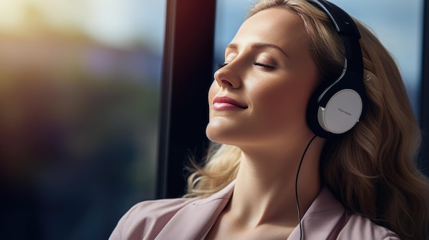 Zakenvrouw met koptelefoon luistert naar muziek en ontspant zittend op een stoel bij het raam op kantoor Gemaakt met generatieve AI-technologie