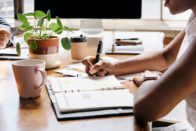 Zakenvrouw schrijven op persoonlijke organisator schema